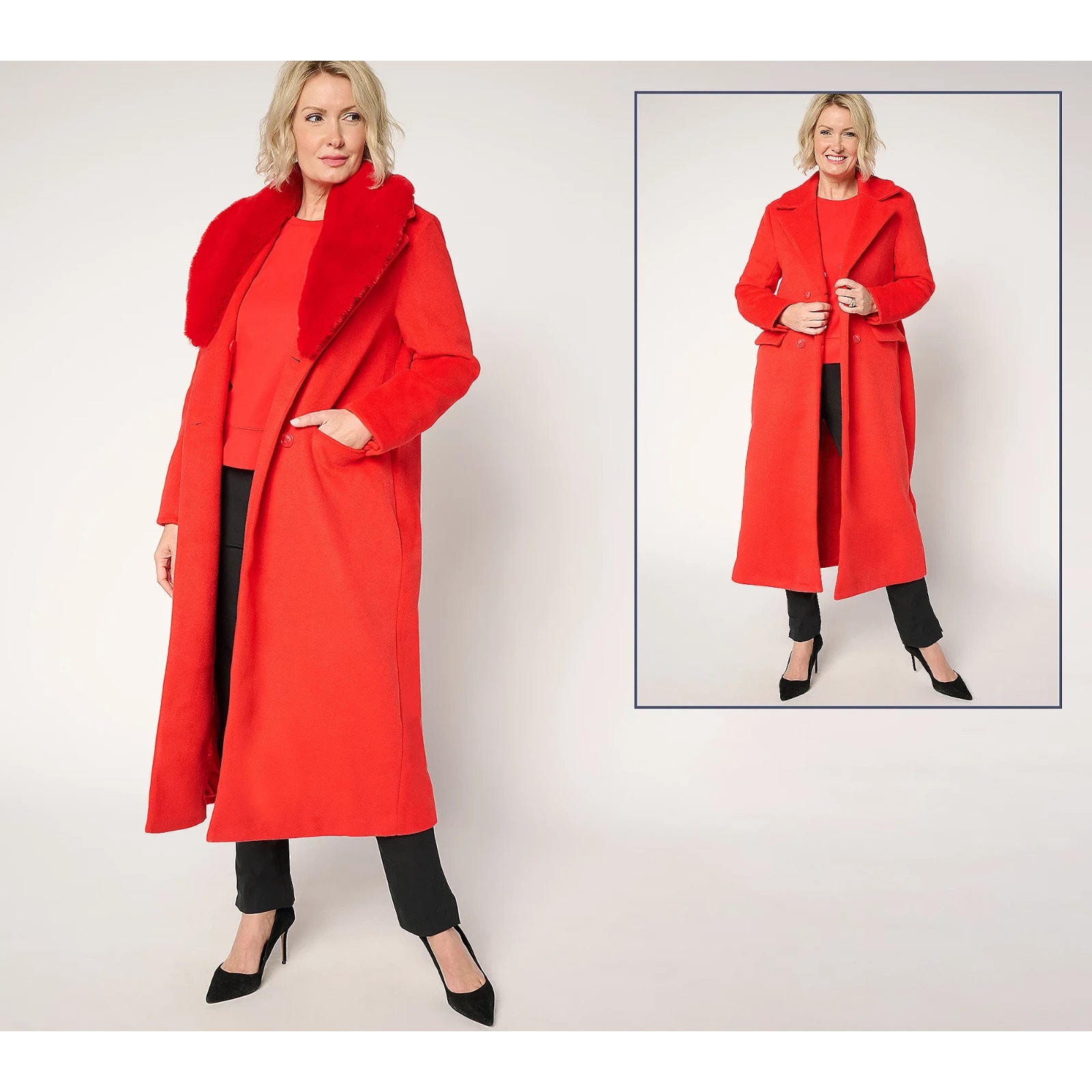 By Stacy London Faux Wool Coat W/ Faux Fur Collar Scarlet Flame Xs A671318